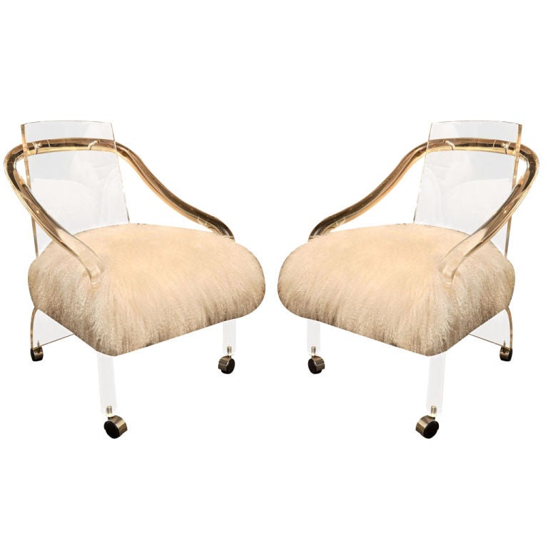 Pair of Circ 1970 Lucite Chairs with Tebetan Lamb Upholstery For Sale