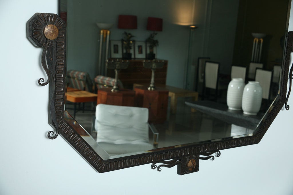Pair of French Art Deco Hammered Steel and Bronze Mirrors, Paul Kiss
