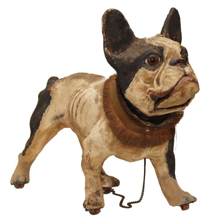 TALKING PAPIER MACHE FRENCH BULLDOG PULL TOY at 1stdibs