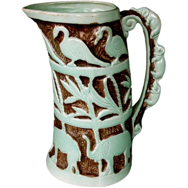 Exotic English 1940's Polychromed Pottery Ewer with Elephant Handle