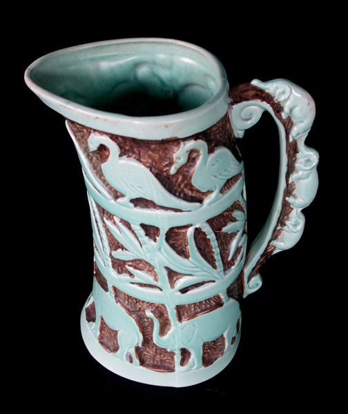 English Polychromed Pottery Ewer with Elephant Handle Marked 'Burleigh