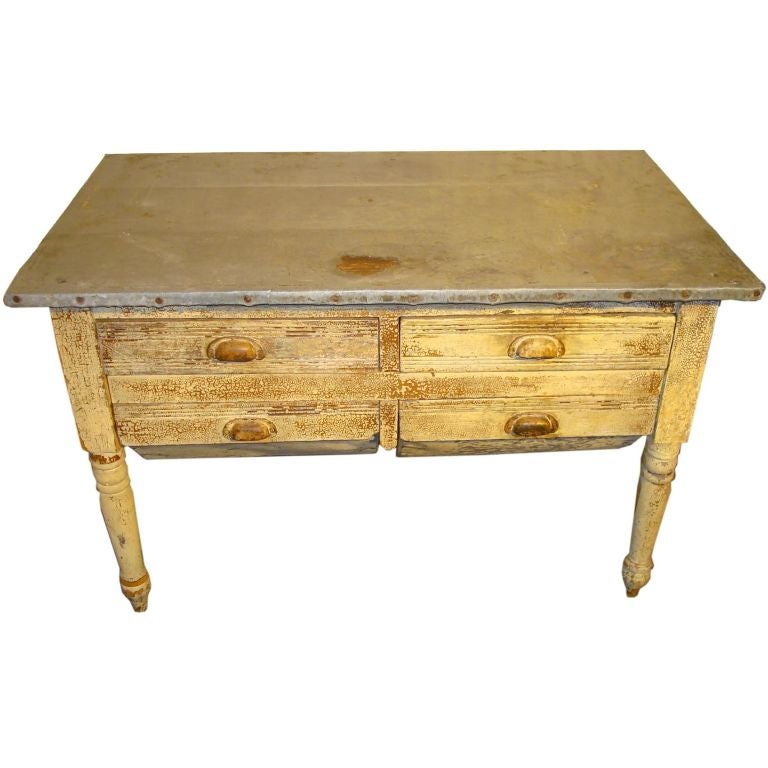 19THC ORIGINAL CREAM PAINTED BAKERS TABLE W/FOUR DRAWERS at 1stDibs