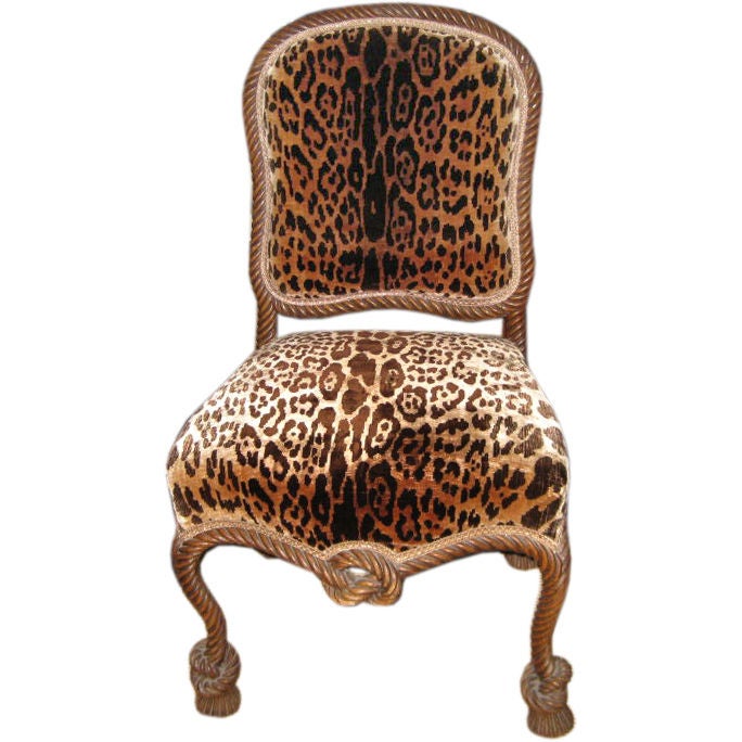 Italian Carved Wood Rope Chair In Leopard Fabric at 1stDibs