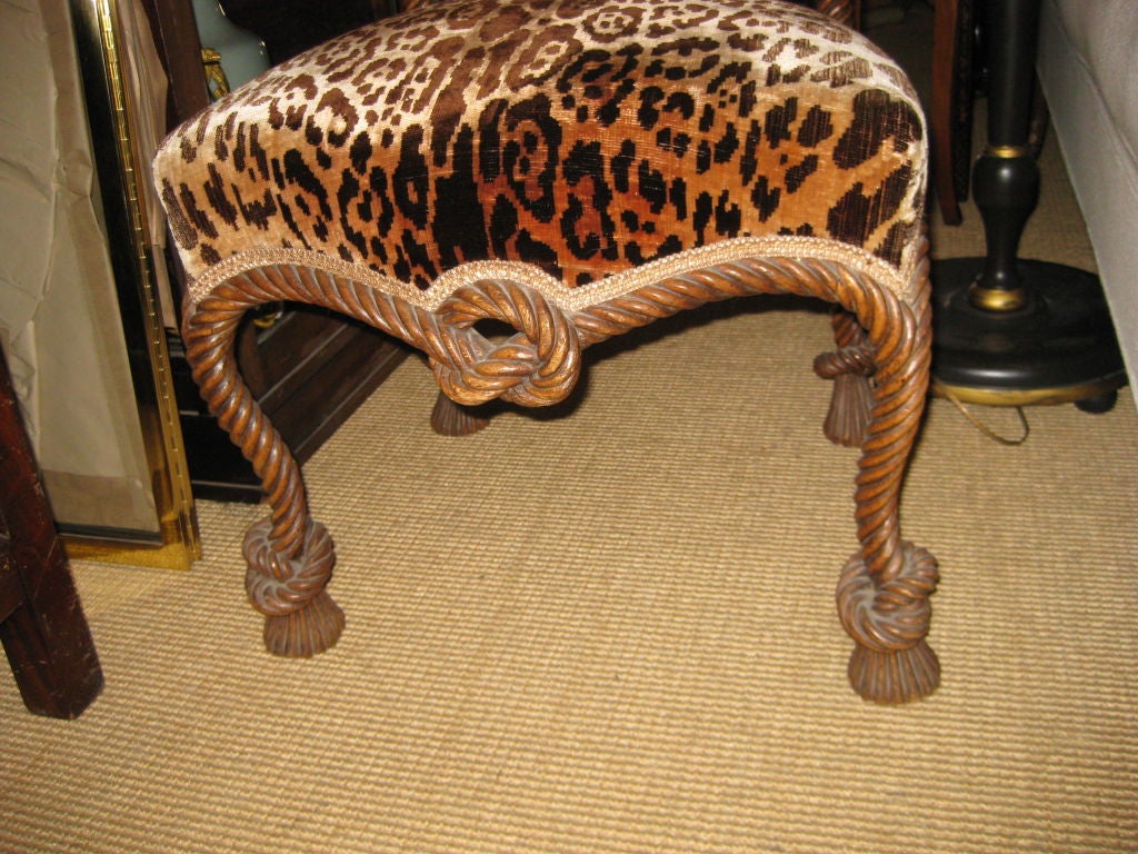 Italian Carved Wood Rope Chair In Leopard Fabric at 1stDibs
