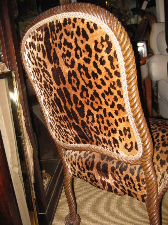 Italian Carved Wood Rope Chair In Leopard Fabric at 1stDibs