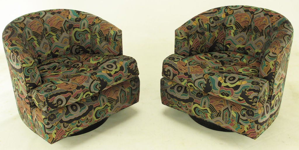 Pair Barrel Back Club Chairs In Vivid Deco Revival Fabric at 1stDibs