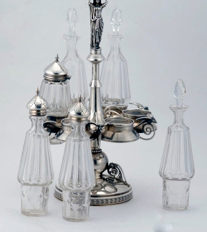 Museum Quality Wood Hughes Figural Cruet Stand Original Bottles, 1875