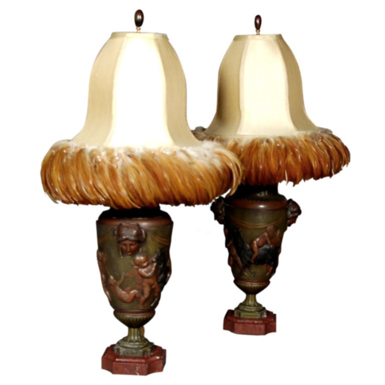 Pair of Bronze and Marble Art Deco Lamps For Sale at 1stDibs