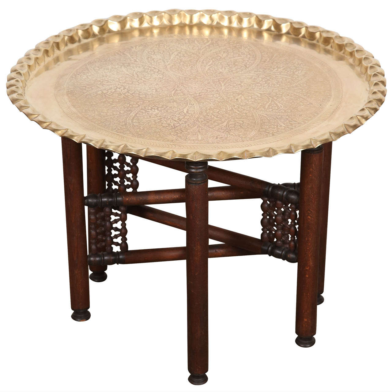 Vintage Moroccan Etched Brass Round Tray Table At 1stdibs