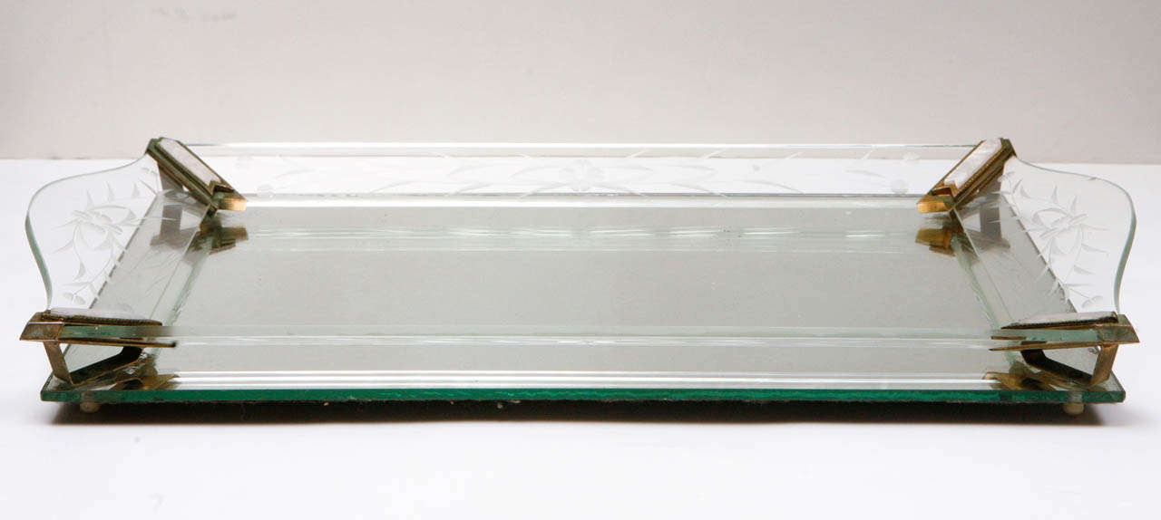 Glass and Mirror Tray with Bronze and MotherofPearls Details For Sale