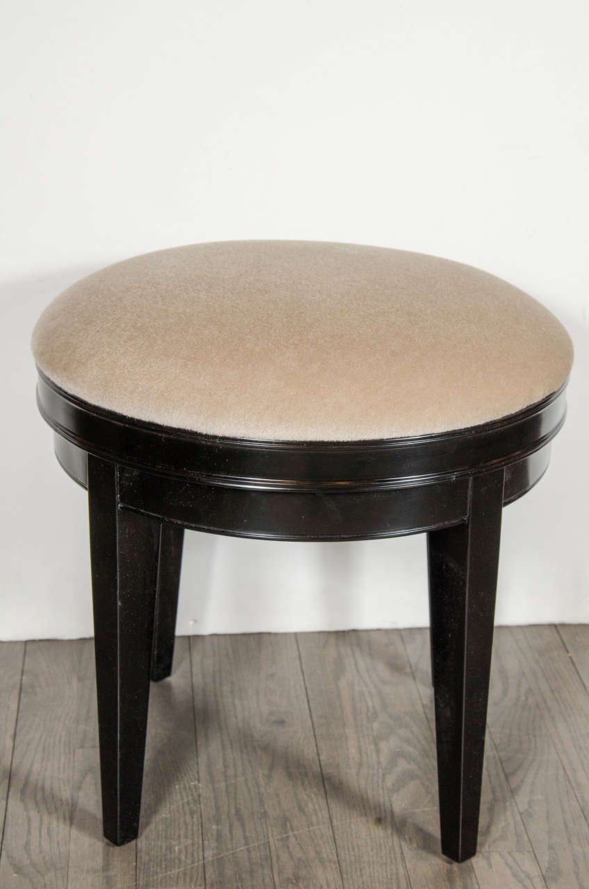 Art Deco Swivel Vanity Stool with Camel Mohair and Ebonized Walnut at