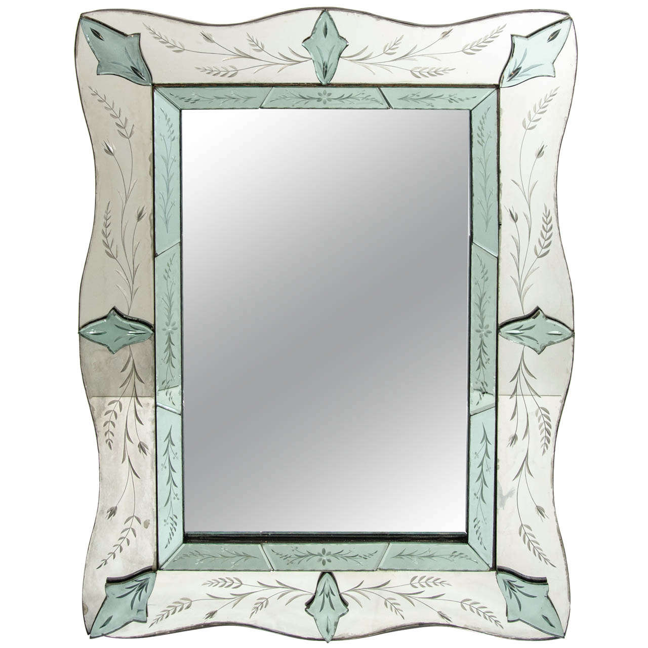 Fine Art Deco Mirror with Etched Designs and Emerald Glass