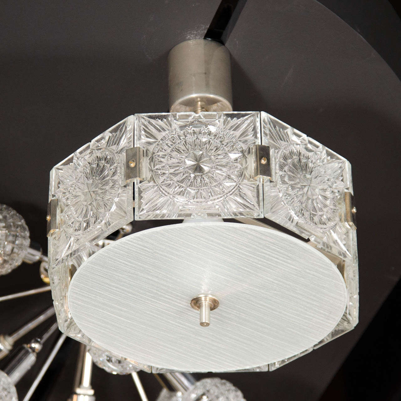 Mid Century Modernist Sunburst Design Etched Glass Chandelier by