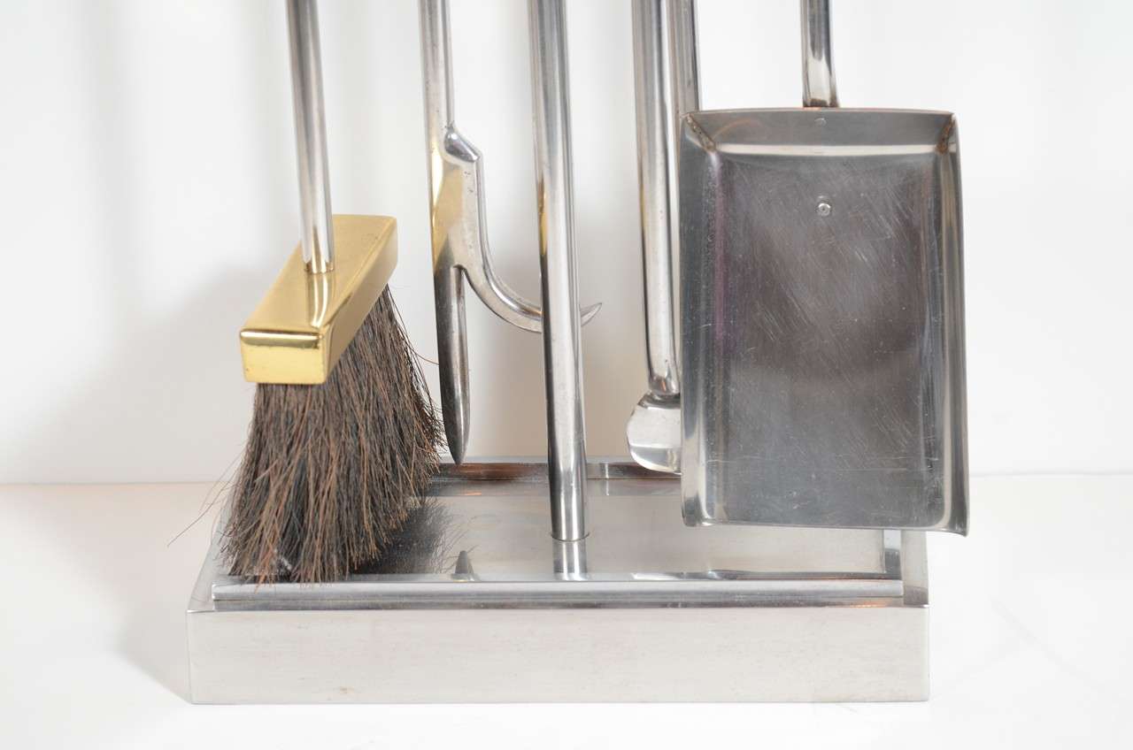 Modernist Firetool Set in Brass and Brushed Nickel at 1stDibs