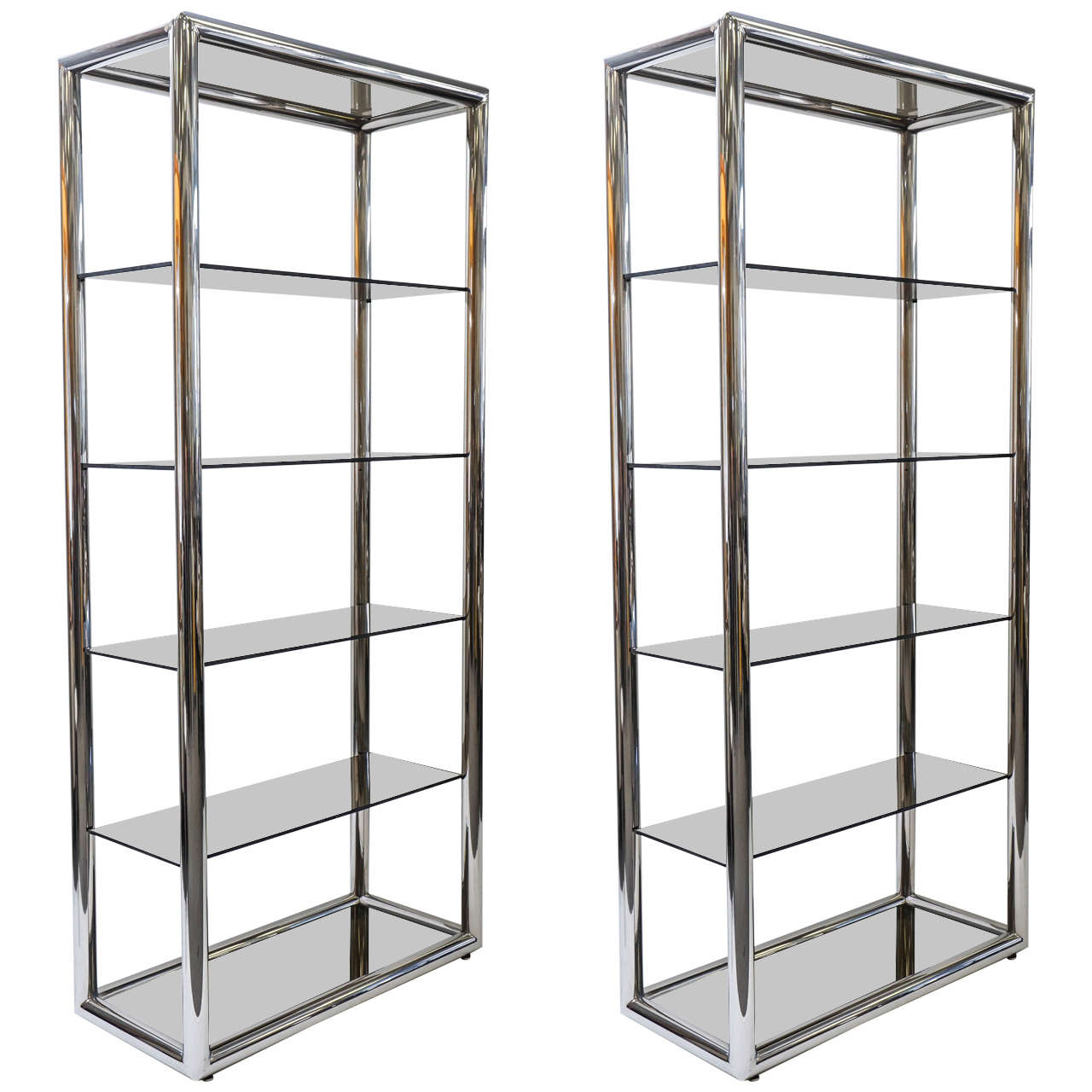 Pair of Pace Collection Polished Aluminum and Smoked Glass Shelves For