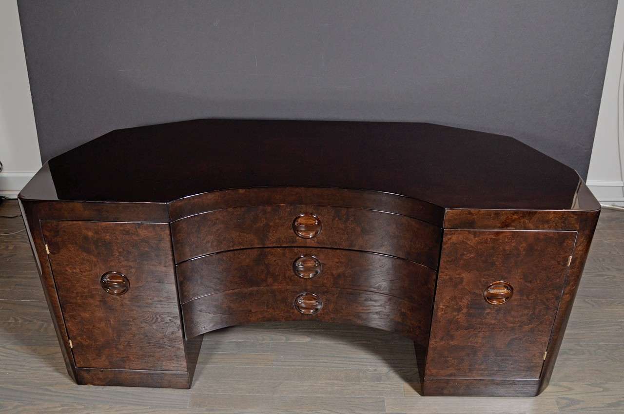 Glamorous Art Deco Vanity in Bookmatched Walnut with Wrap Around