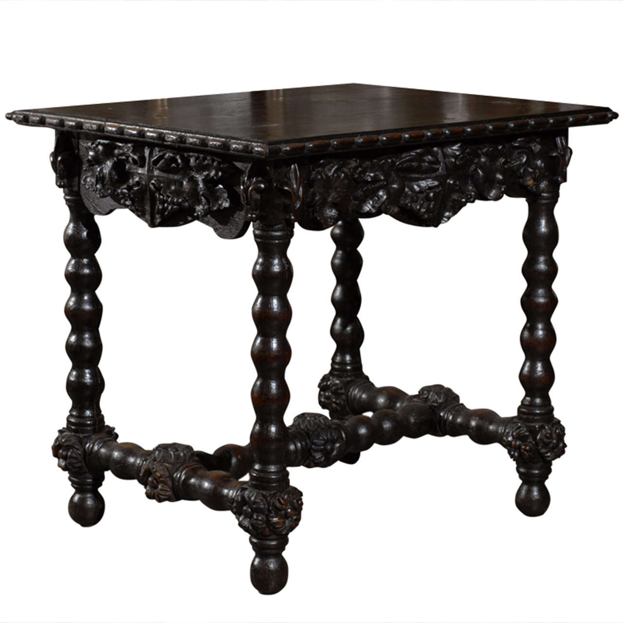 German Black Forest Oak Side Table with Turned Bobbin Legs, Late 19th