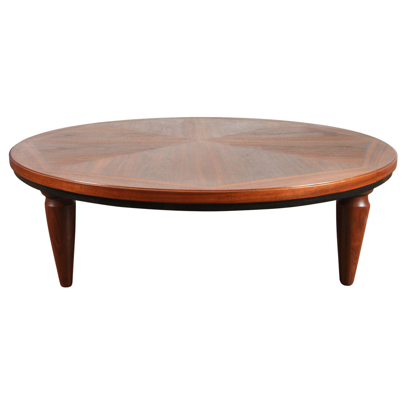 Large Round Walnut MidCentury Coffee Table with Sculpted Legs and
