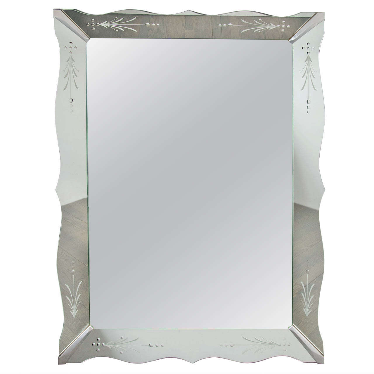 Art Deco Framed Mirror with Reversed Etching and Beveled Detailing at