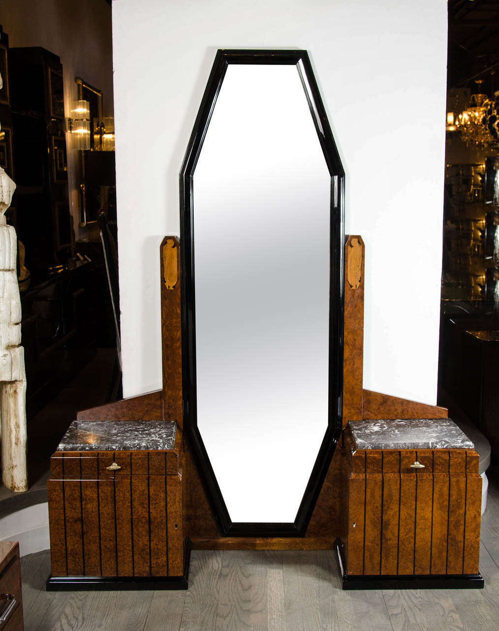 Stunning Art Deco FloorStanding Vanity/Dressing Mirror in Burled Elm