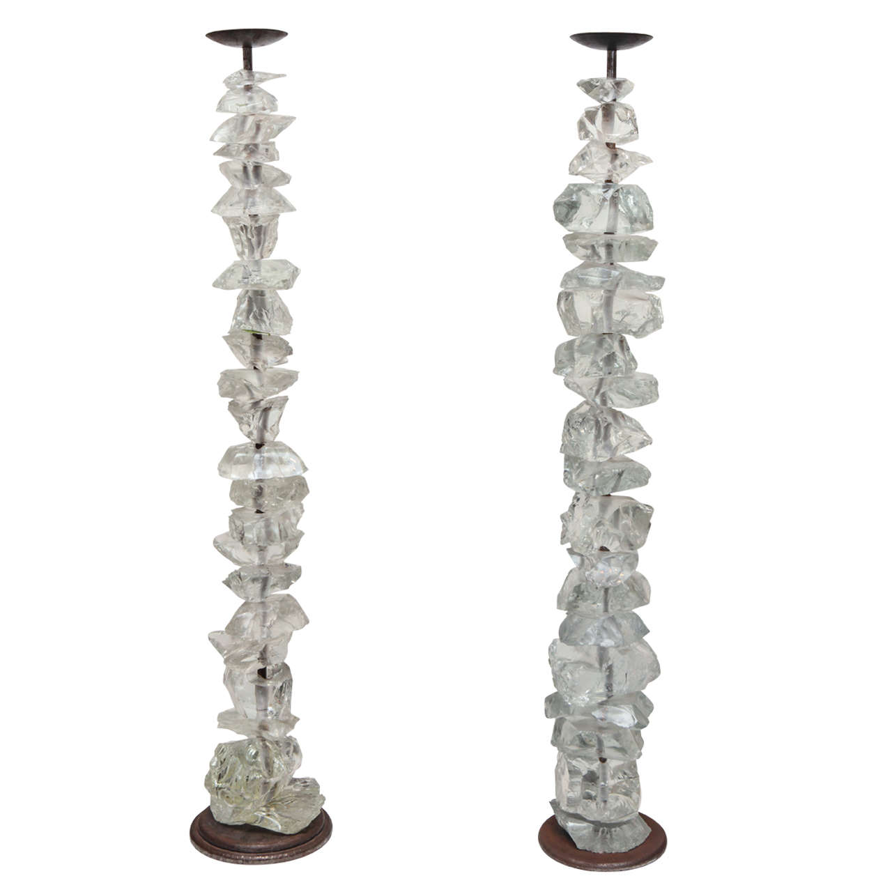 Pair of Tall Stacked Rock Shaped Crystal Candlesticks at 1stdibs