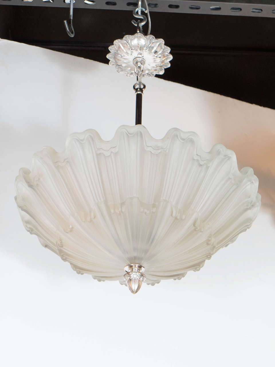 Exquisite Art Deco Frosted Glass and Nickel Chandelier in the Manner of