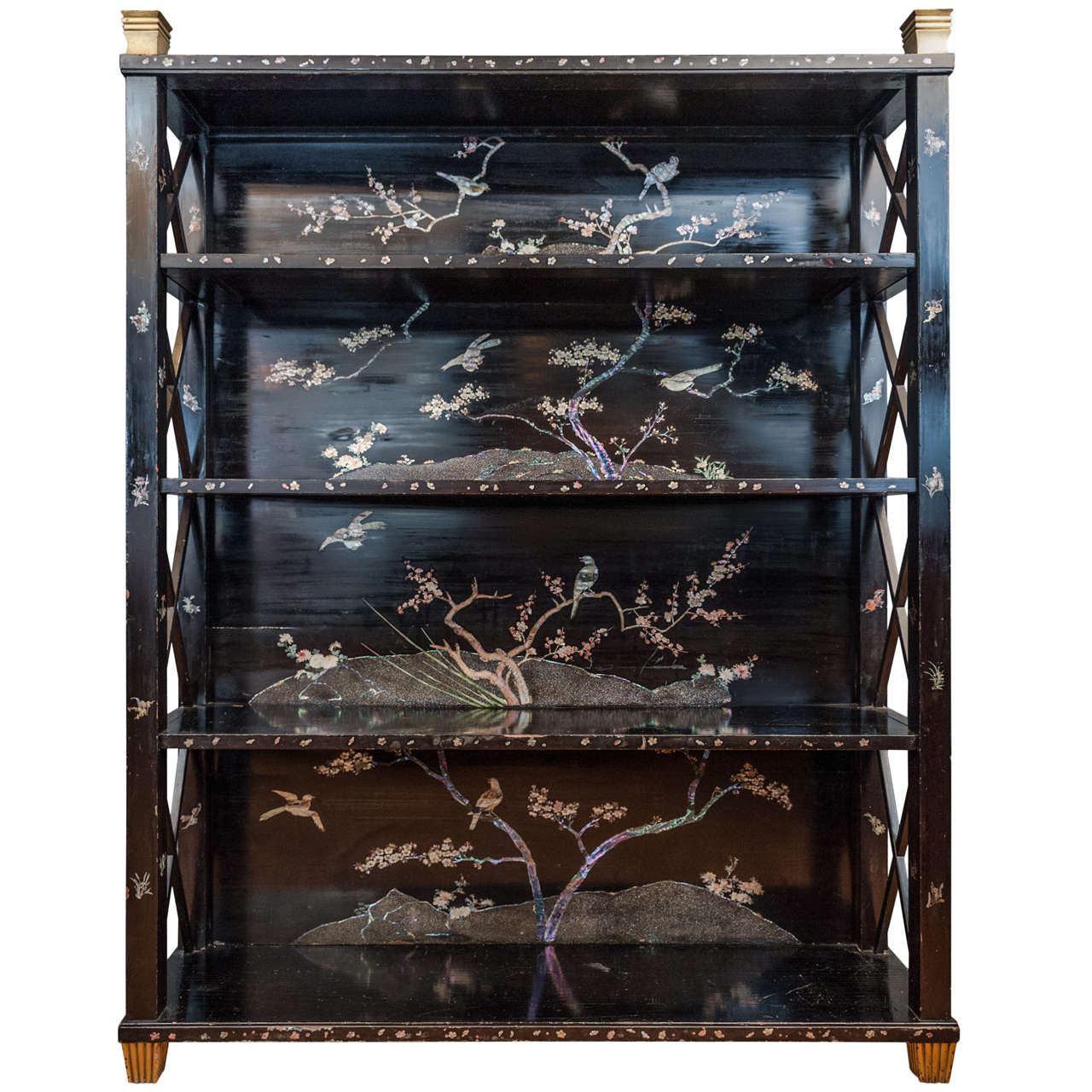 A Black Lacquer and Mother of Pearl Open Bookcase at 1stdibs