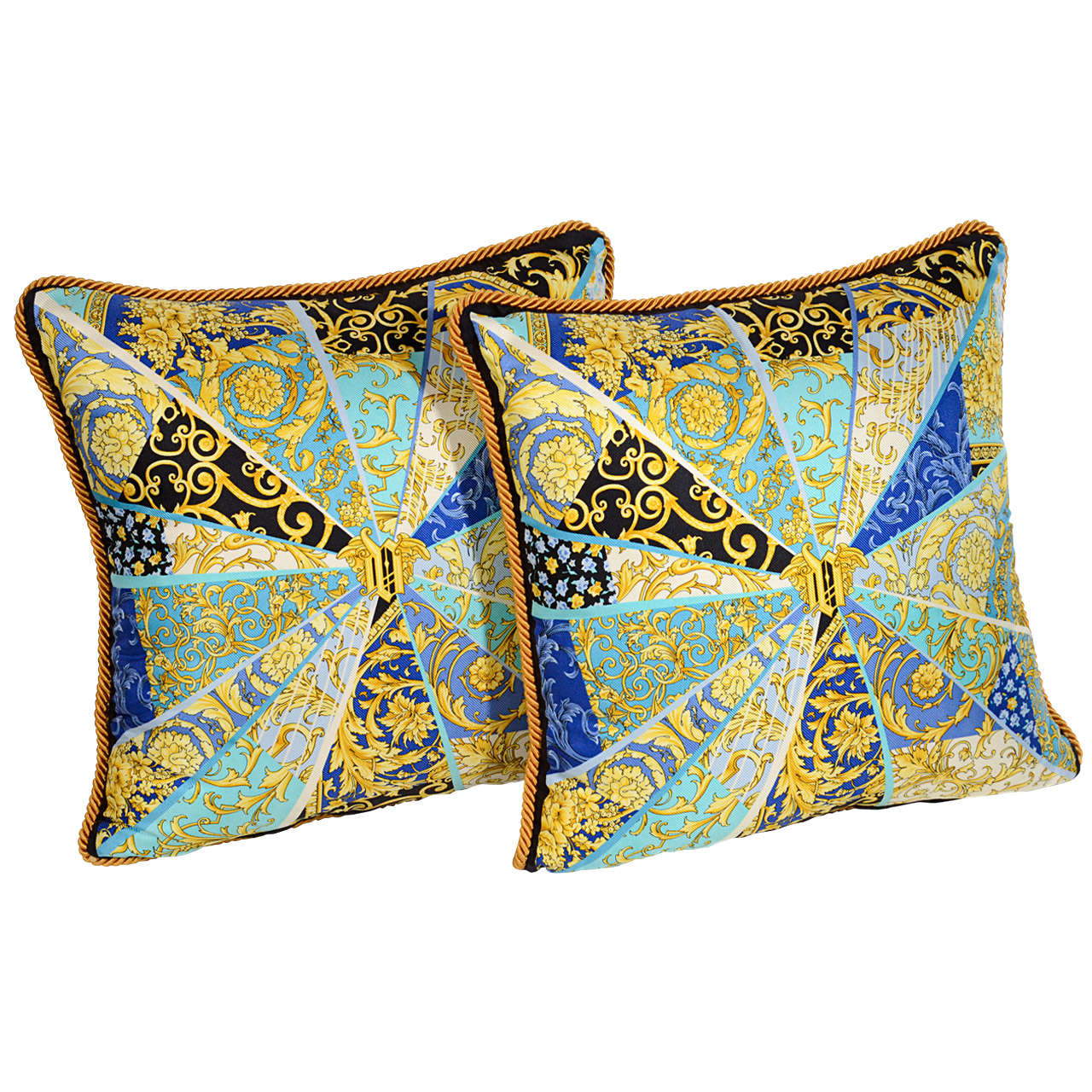 Pair of Vintage Versace Silk Pillows with Distinguished Scarf Print at