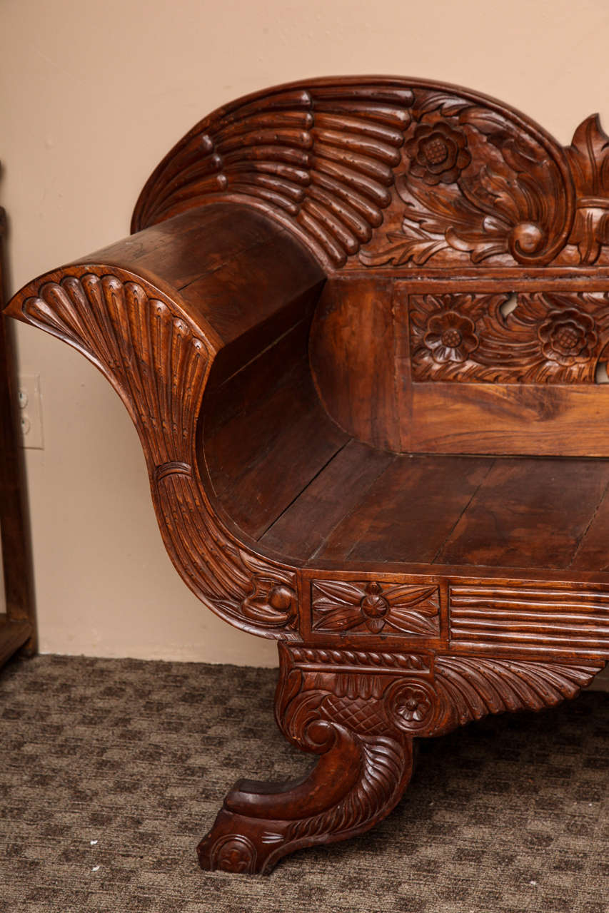 Indonesian Teak Settee with Detailed Carvings from Jakarta, 19th
