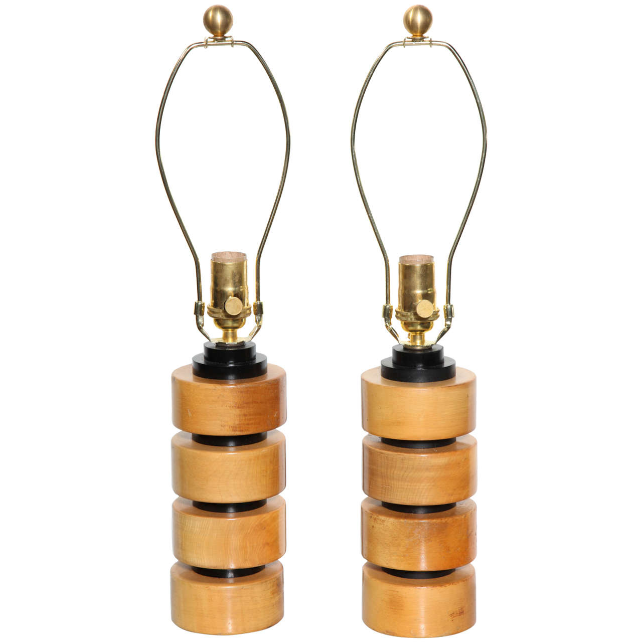 Pair of Russel Wright Style Machine Age Stacked Maple and Black Bedside