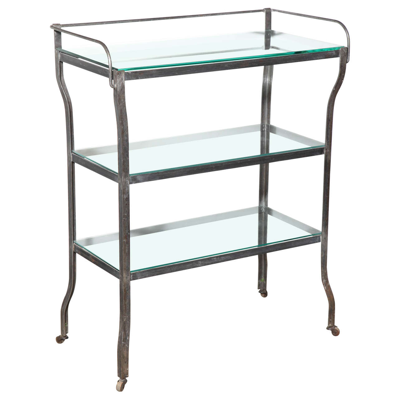 Large Rolling Iron Étagère, Dry Bar with Three Glass Shelves, Circa
