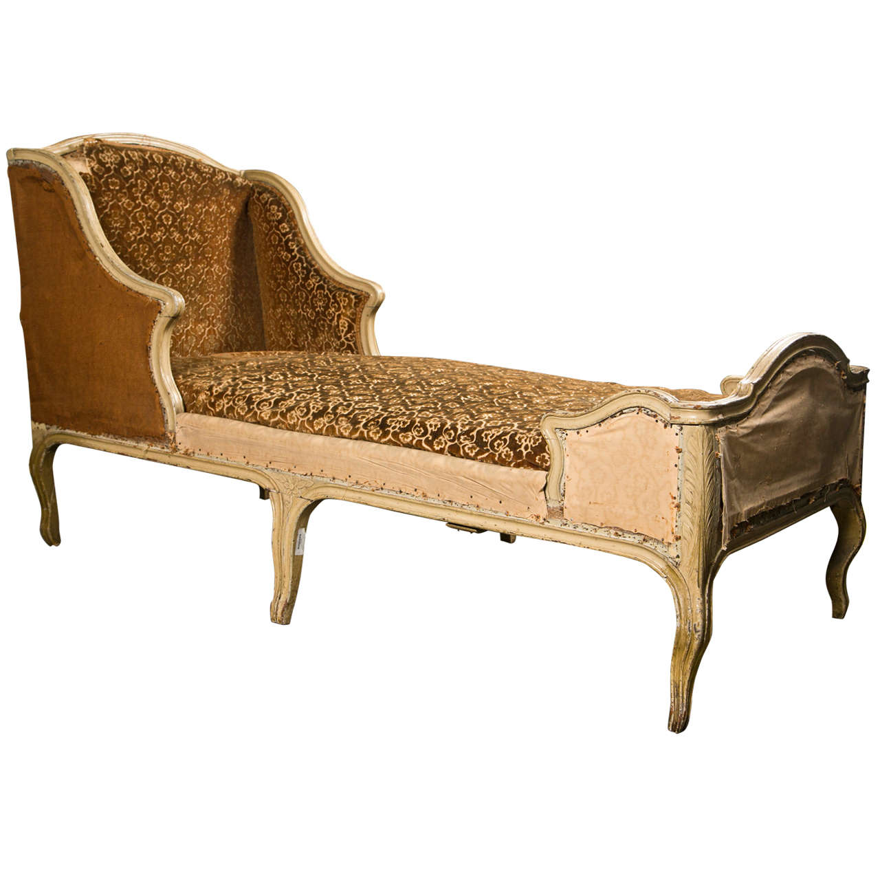 French Painted Oak Chaise Longue in the Rococo Style, Louis XV Period