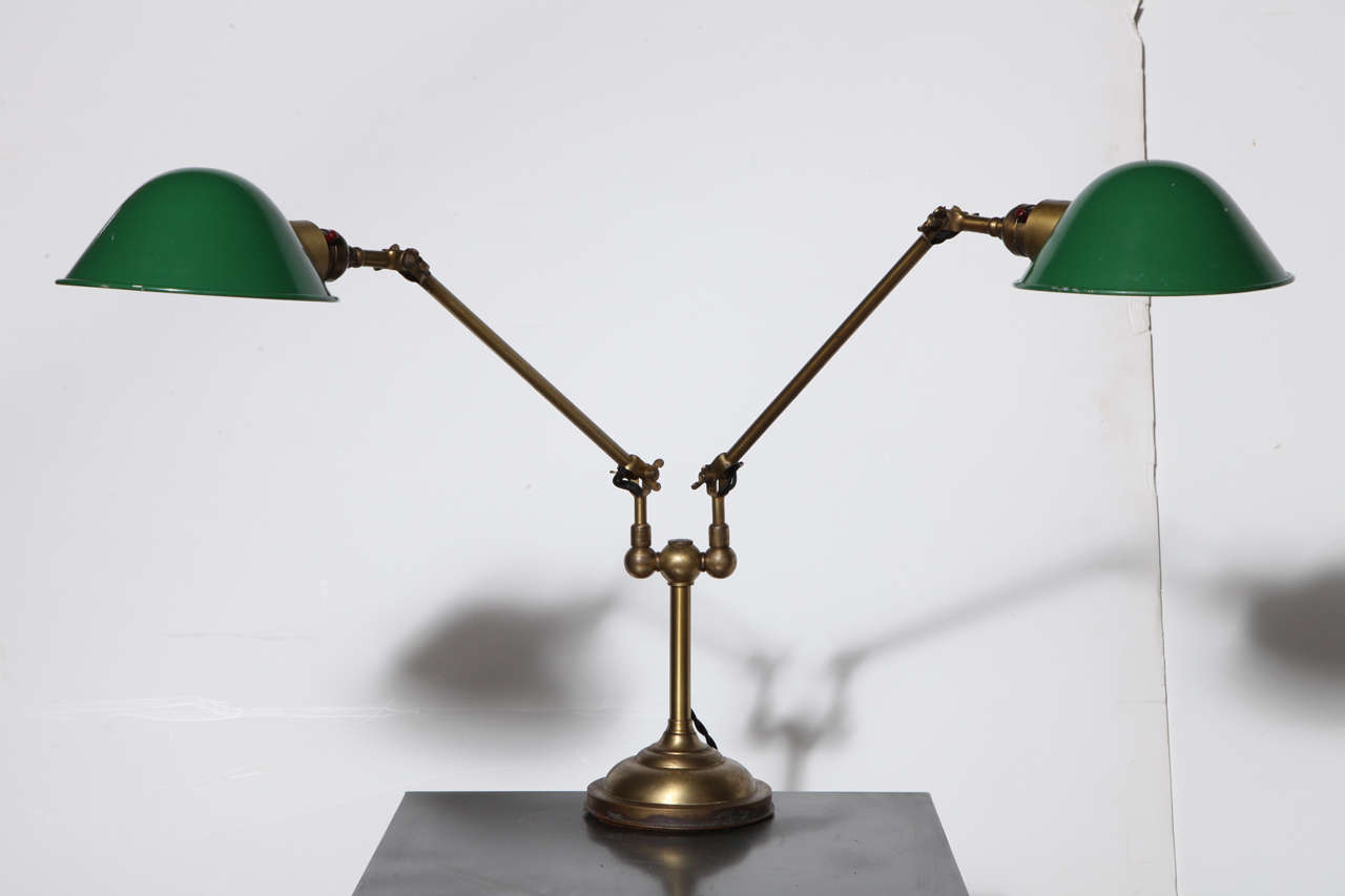 adjustable Double Headed "Faries" All Brass Library Lamp with Green