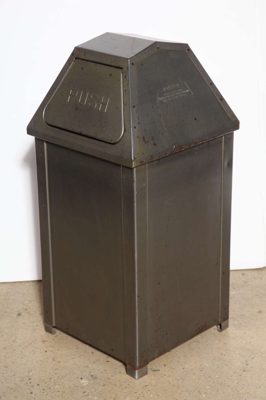 Pair of MidCentury Industrial Mini "PUSH" Steel Trash Cans at 1stdibs