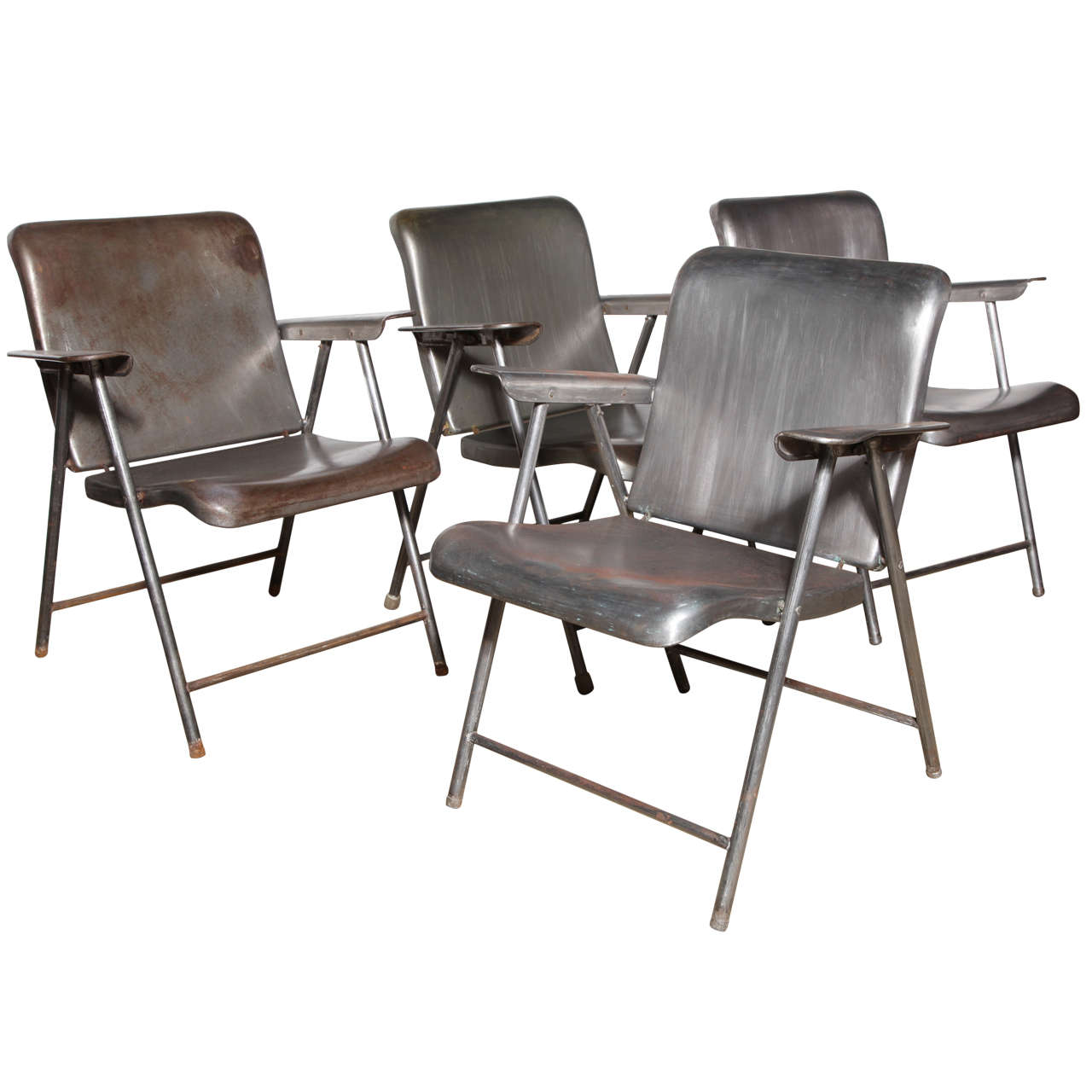 Set of Four Russel Wright Folding Steel Arm Chairs, Late 1940's For