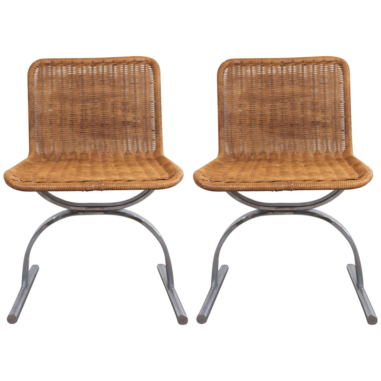 Pair of Cane and Chrome Side Chairs For Sale at 1stdibs