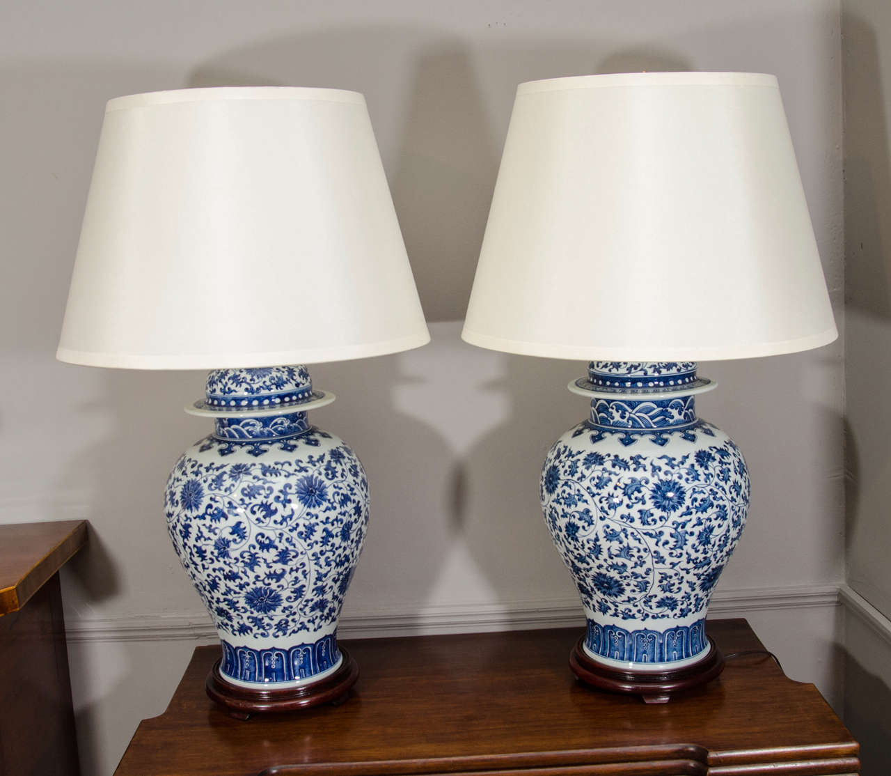 Pair Of Blue And White Porcelain Chinese Temple Jar Lamps at 1stDibs