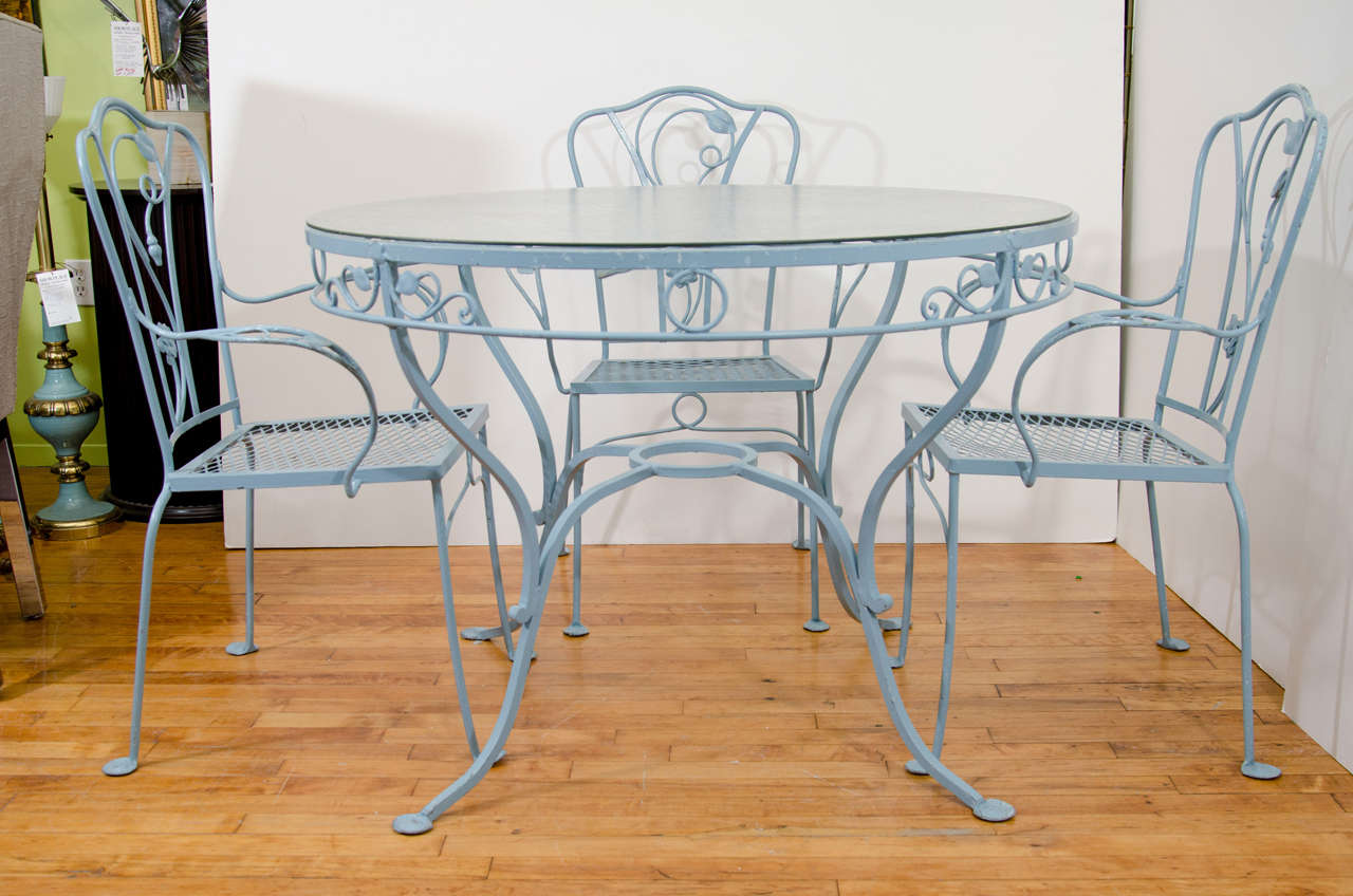 Vintage Salterini Wrought Iron Table and Chairs in Powder Blue at
