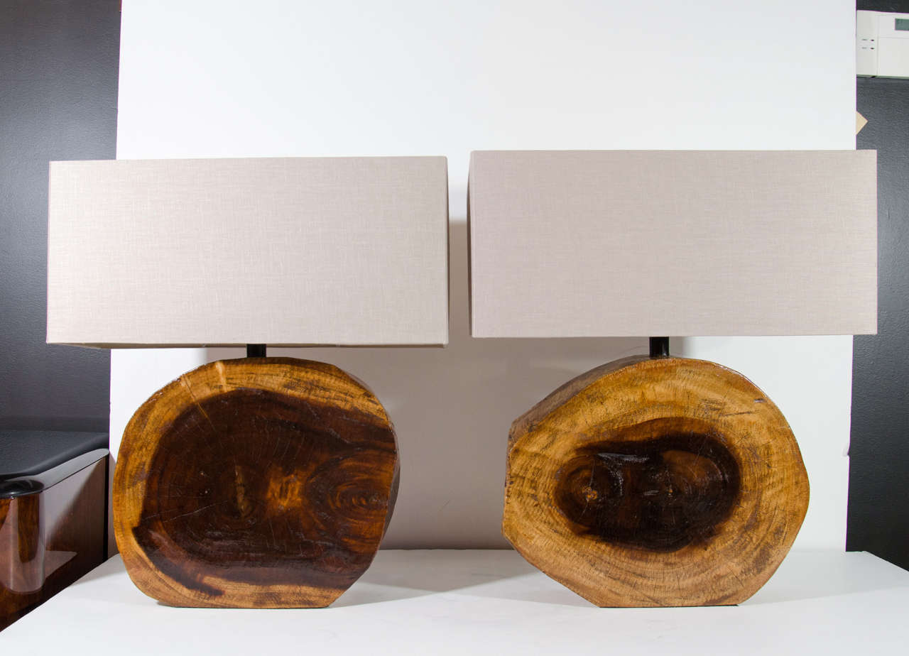 Pair of Organic Cedar Wood Lamps with Rustic Slab Design at 1stDibs