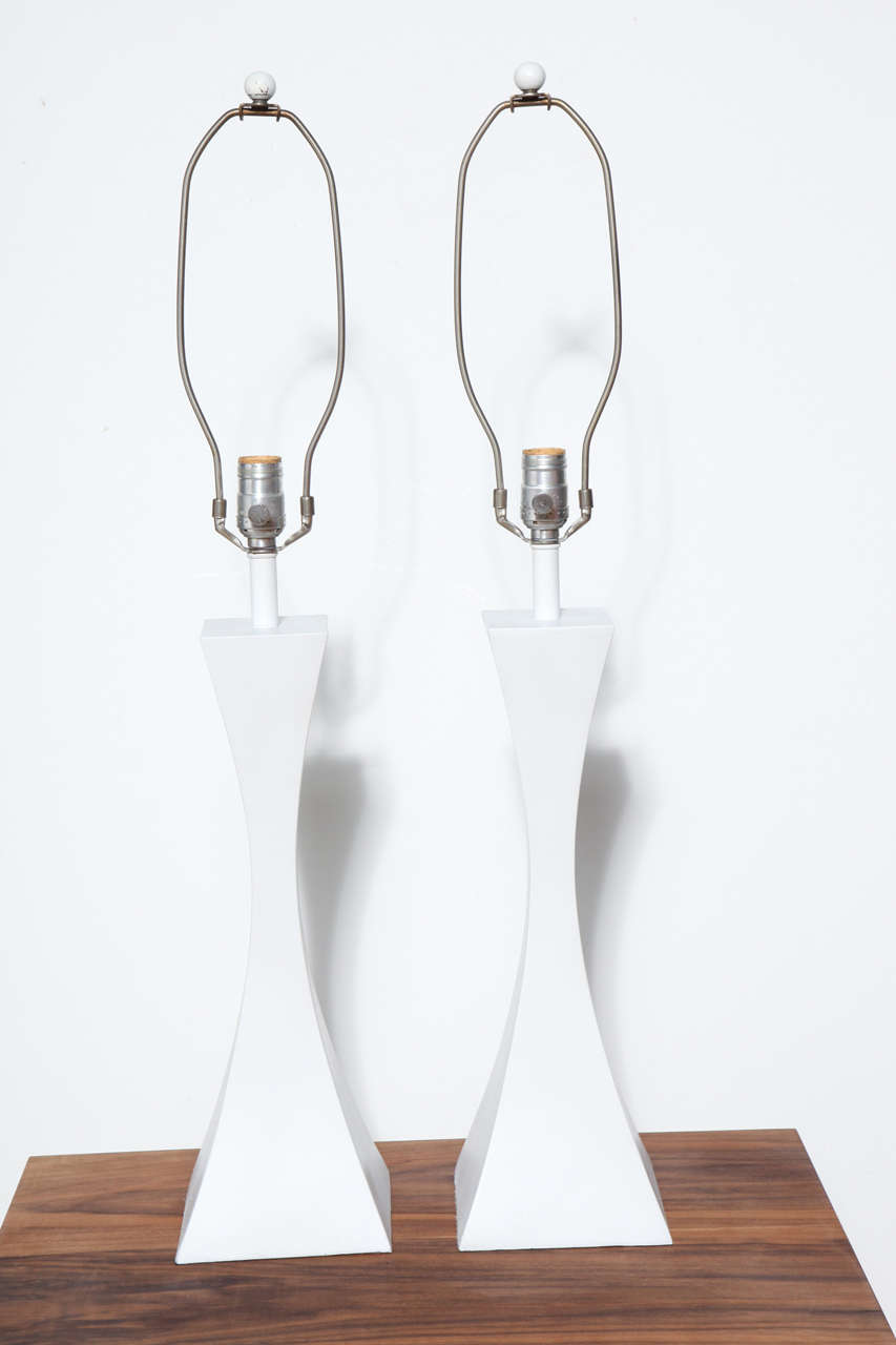 1950s Pair of Mutual Sunset Lamp Co. Splayed White Enameled Aluminum