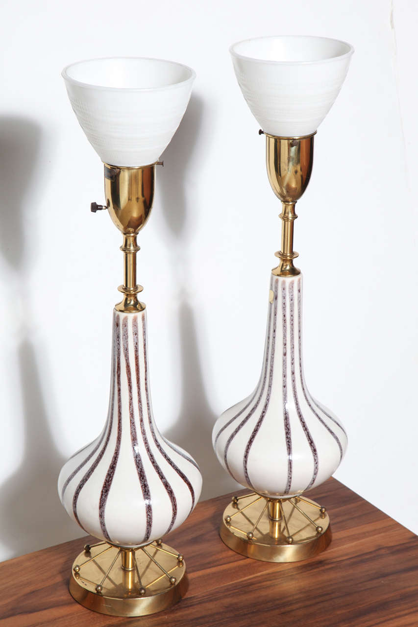 Pair of Rembrandt Painted White Ceramic with Brass and Glass Shade