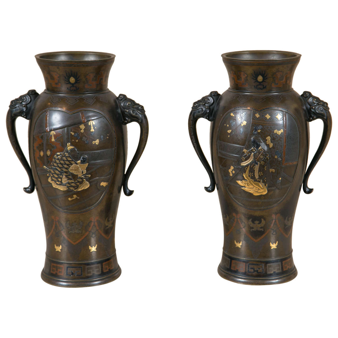 Pair of 19th Century Japanese Meiji Period Bronze Vases at 1stDibs