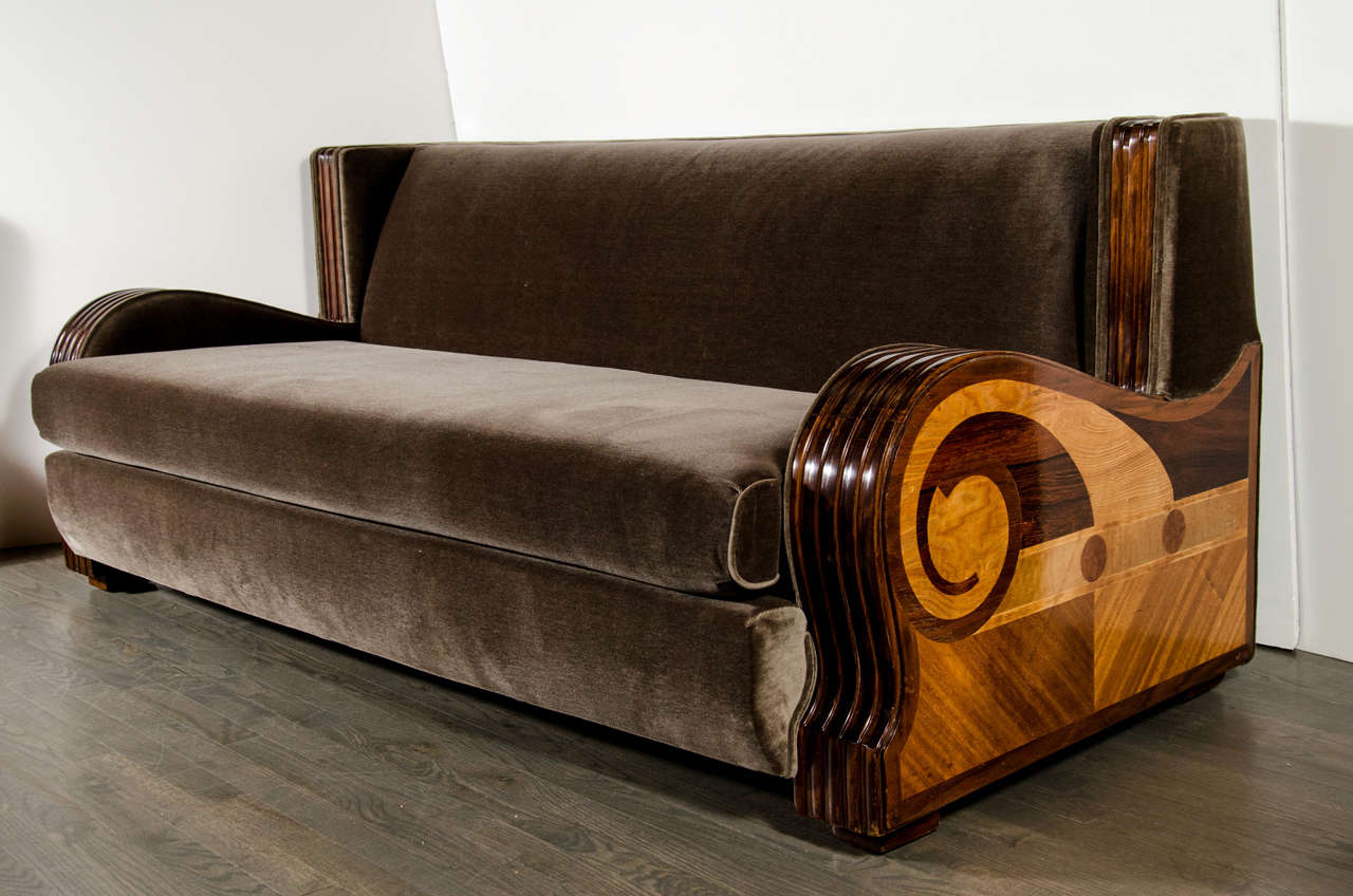 Exceptional Streamlined Art Deco Sofa with Exotic Wood Inlay at 1stdibs