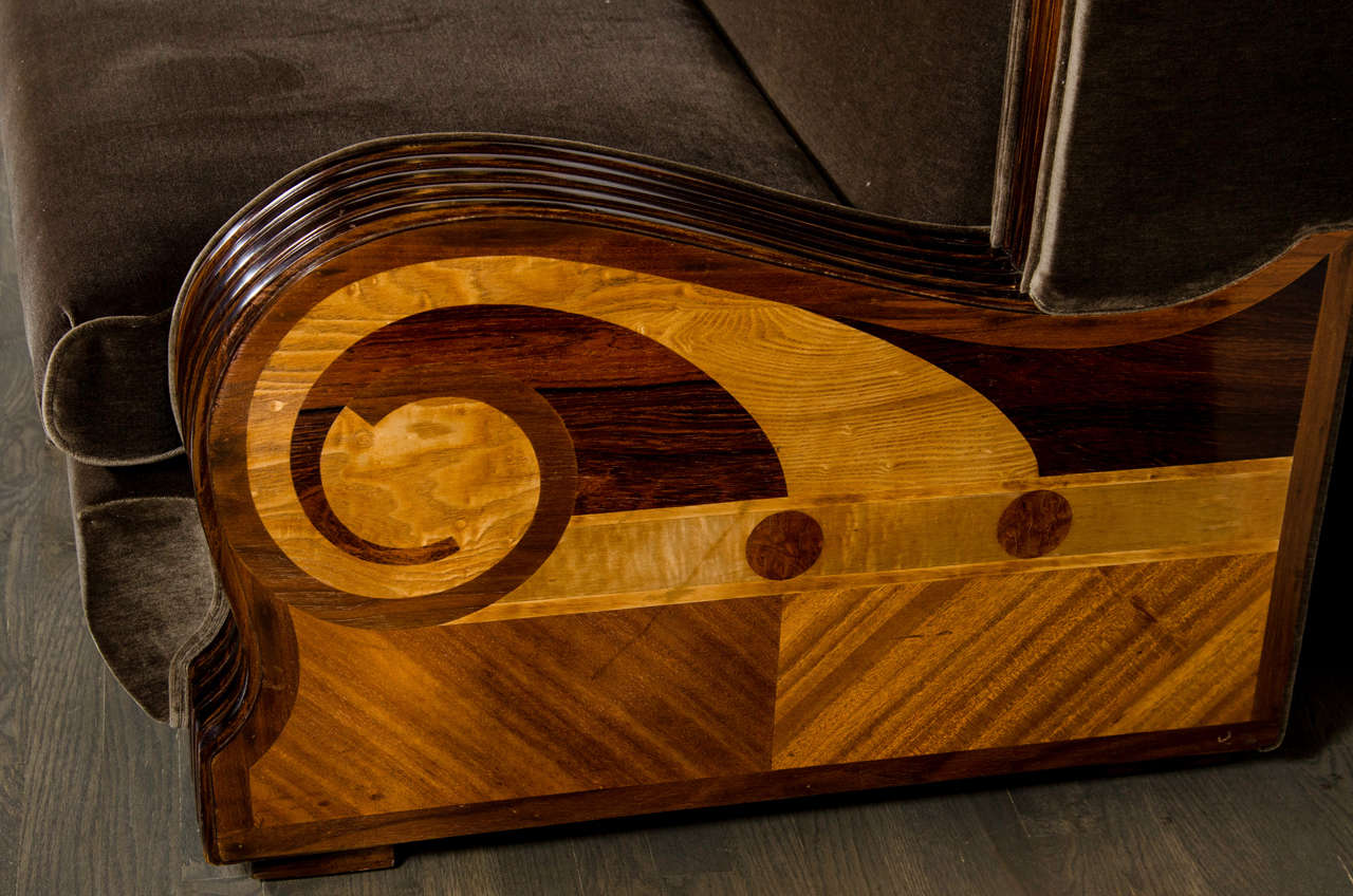 Exceptional Streamlined Art Deco Sofa with Exotic Wood Inlay at 1stDibs