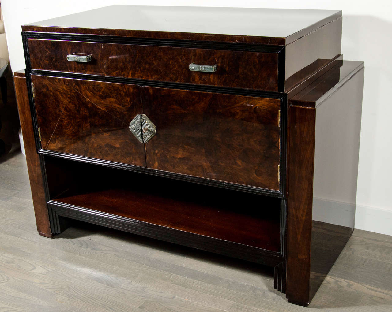 Art Deco Skyscraper Style in Burled Walnut with Bronze Mounts
