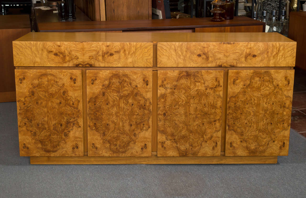 Lane Burl Olive Wood Credenza in Style of Milo Baughman at 1stDibs
