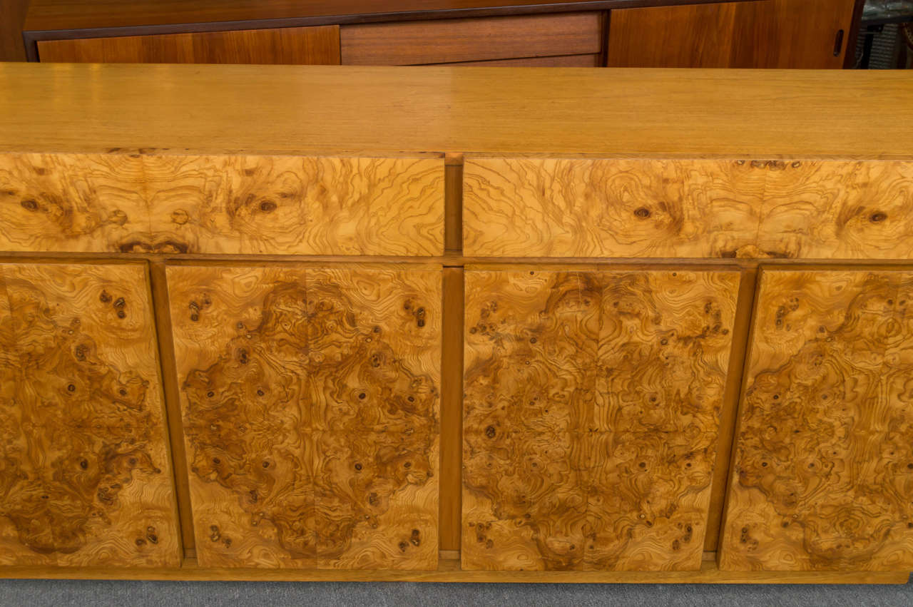 Lane Burl Olive Wood Credenza in Style of Milo Baughman at 1stDibs