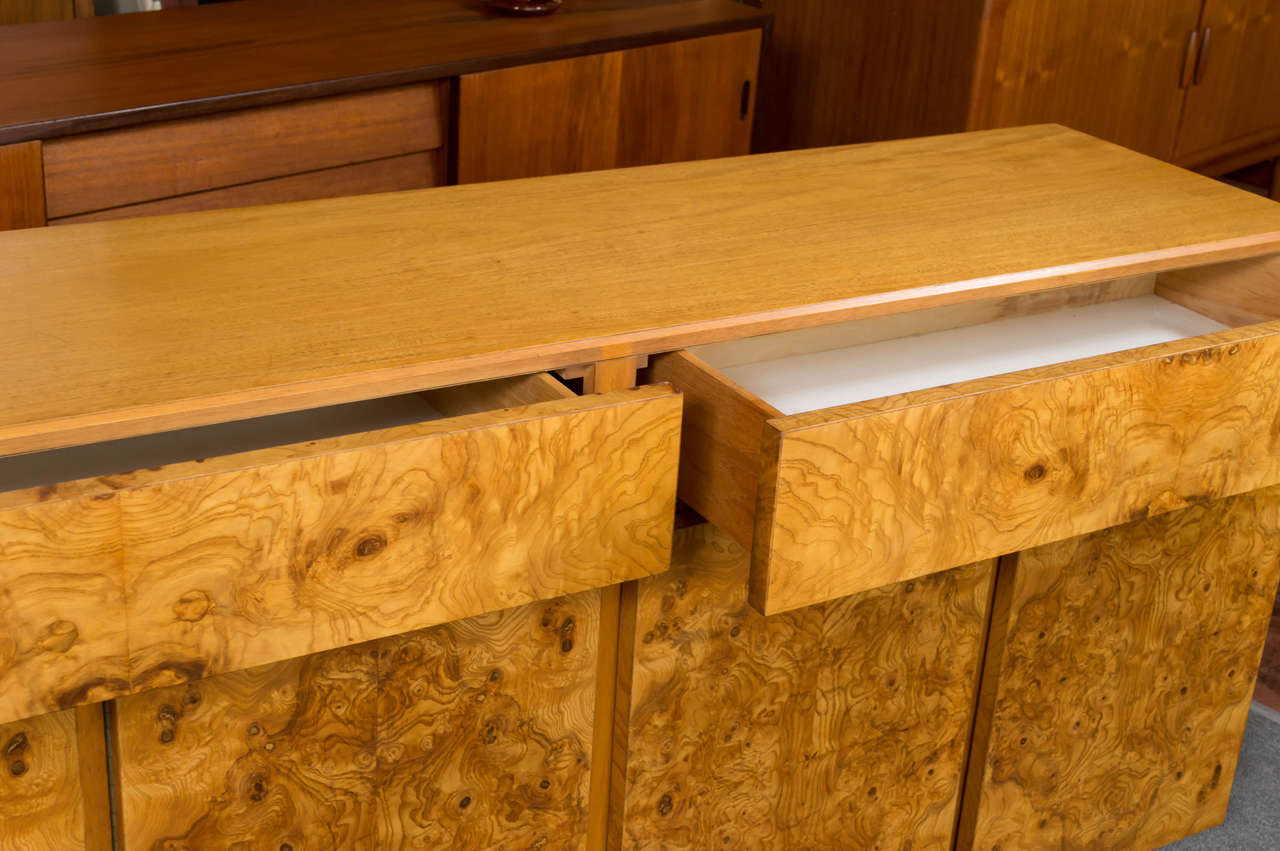 Lane Burl Olive Wood Credenza in Style of Milo Baughman at 1stDibs