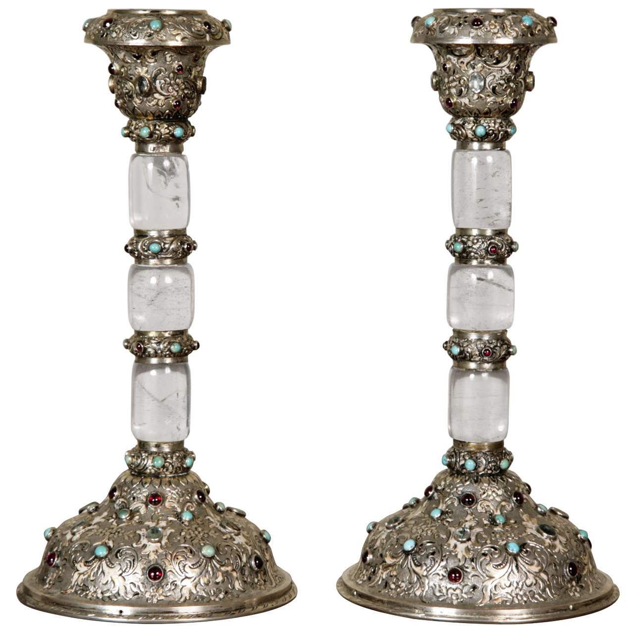 Pair of SilverMounted and Gem Set Rock Crystal Candlesticks, Circa