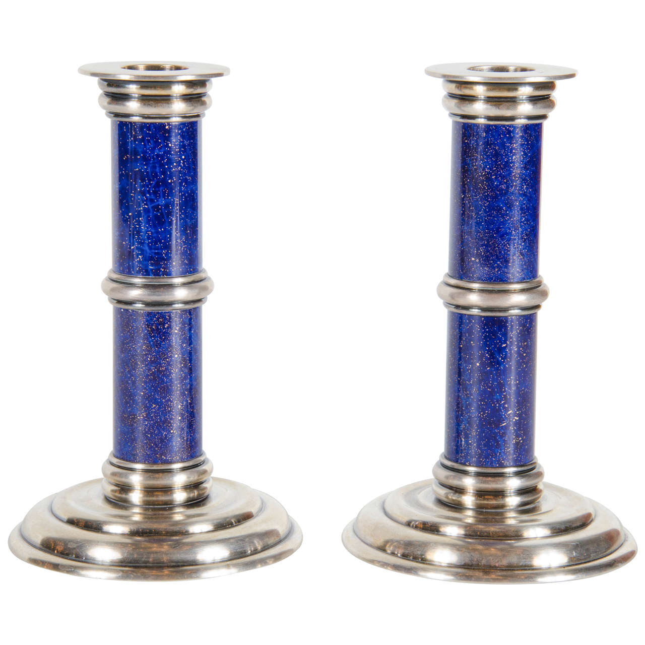 Stunning Art Deco Silver and Lapis Lazuli Candleholders by Puiforcat at
